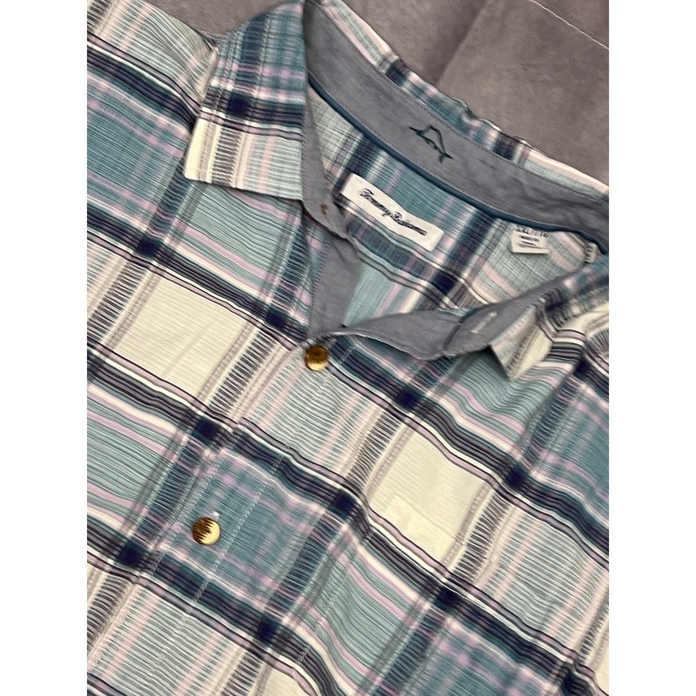 Tommy Bahama Button Down Shirt Mens XXL Blue Purple Plaid Silk Cotton Excellent